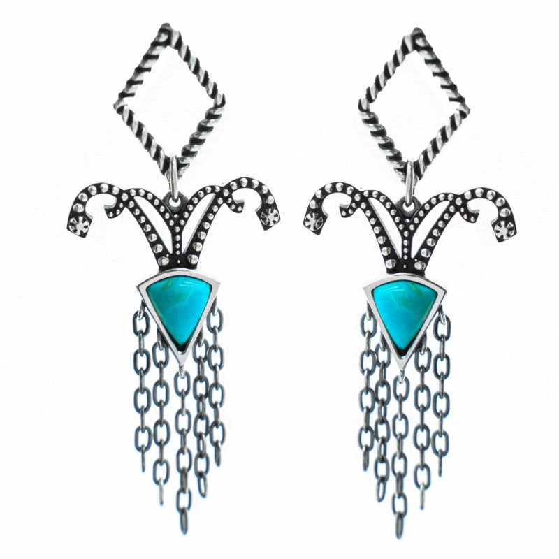 Pair of earrings with turquoise stones and chain details on a white background